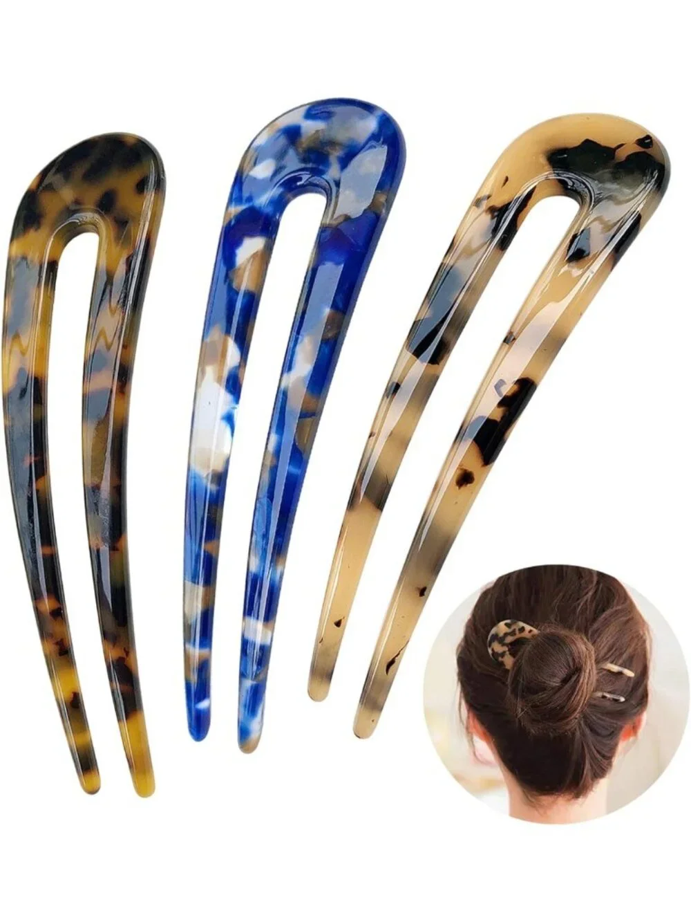 Vintage Tortoise Shell Hair Forks - U Shape Updo Pins for All Hair Types, 3 Pack
